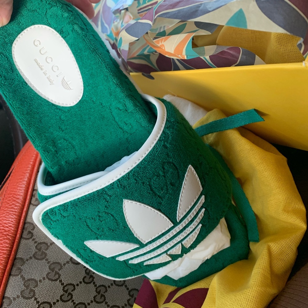 Brand new adidas cloth slides in green and white